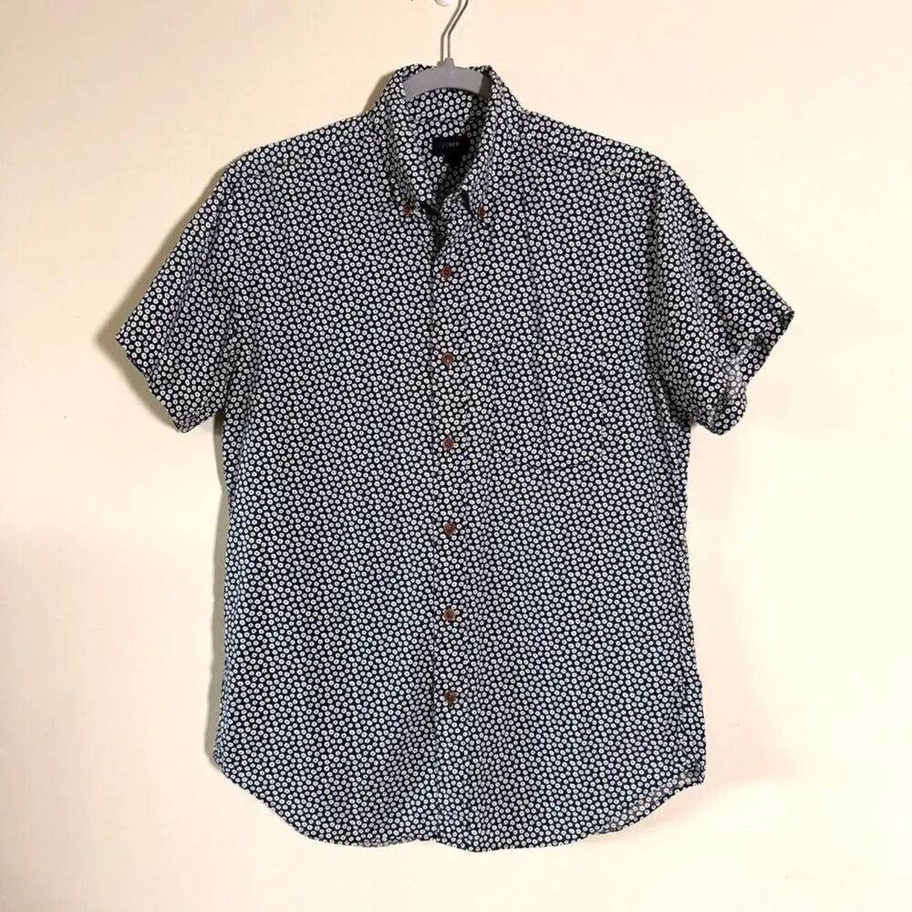 J.Crew Men's Short Sleeve Floral Button Down Shirt Size S Navy Blue White Cotton